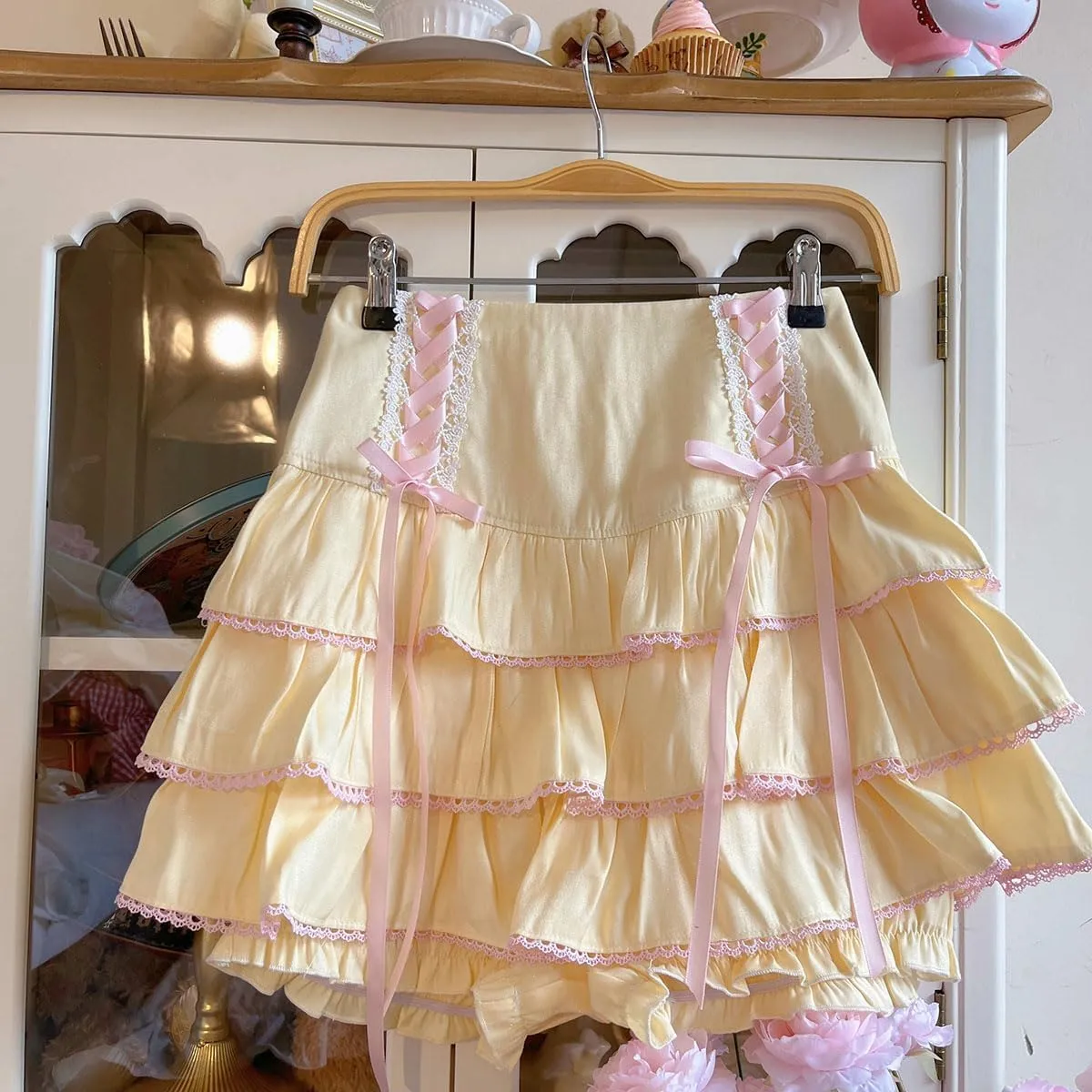 Lolita Tiered Mini Skirt Women Skorts Kawaii Layered Ruffle High Waist Lace Up A Line Cute Skirts for Teen Girls