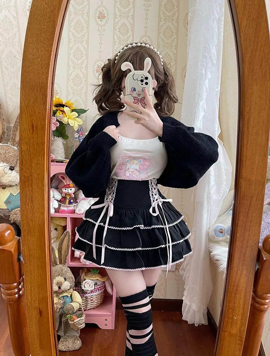 Lolita Tiered Mini Skirt Women Skorts Kawaii Layered Ruffle High Waist Lace Up A Line Cute Skirts for Teen Girls
