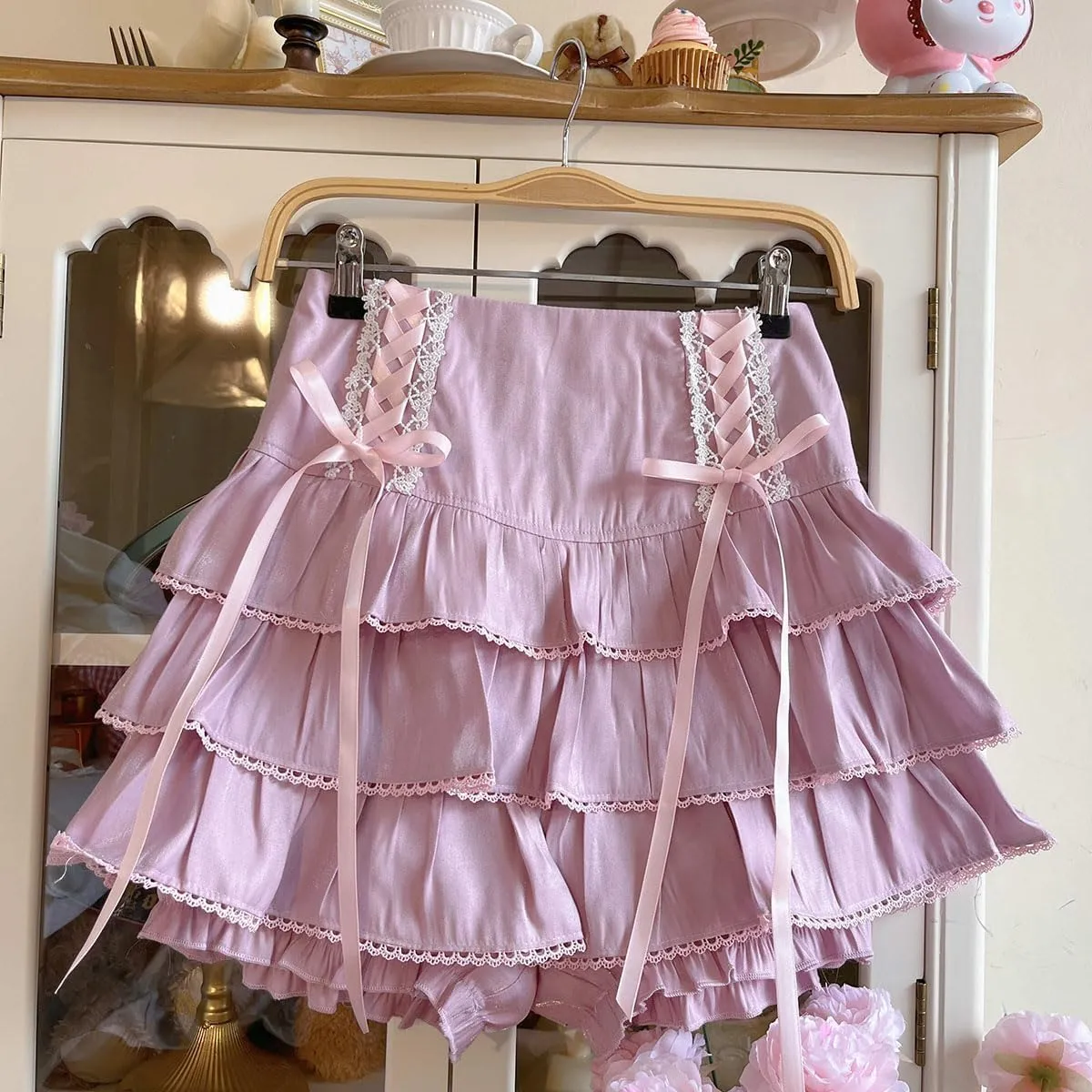 Lolita Tiered Mini Skirt Women Skorts Kawaii Layered Ruffle High Waist Lace Up A Line Cute Skirts for Teen Girls