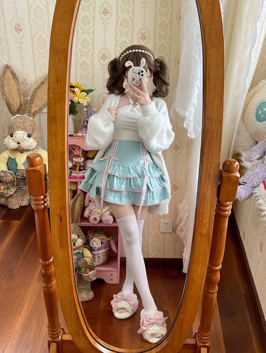 Lolita Tiered Mini Skirt Women Skorts Kawaii Layered Ruffle High Waist Lace Up A Line Cute Skirts for Teen Girls