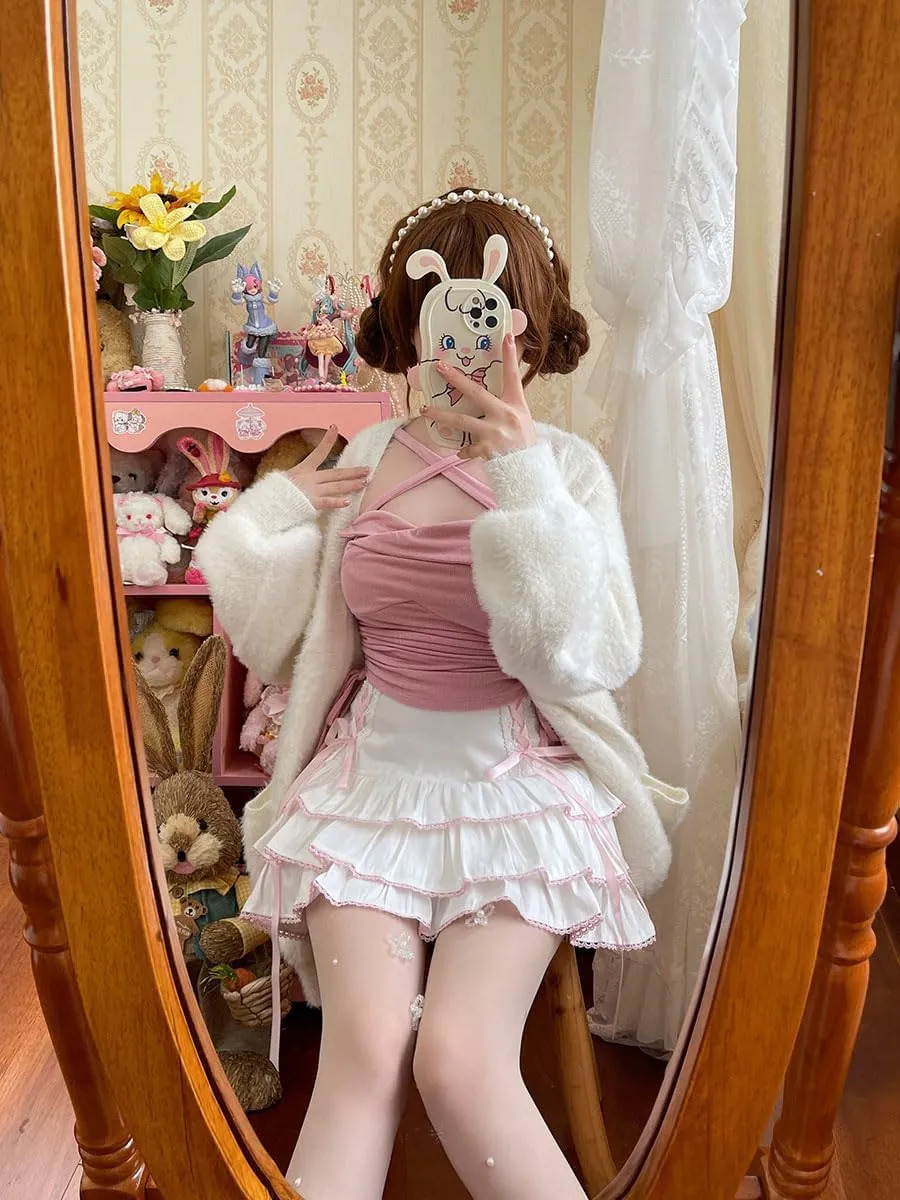 Lolita Tiered Mini Skirt Women Skorts Kawaii Layered Ruffle High Waist Lace Up A Line Cute Skirts for Teen Girls