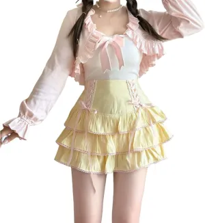 Lolita Tiered Mini Skirt Women Skorts Kawaii Layered Ruffle High Waist Lace Up A Line Cute Skirts for Teen Girls
