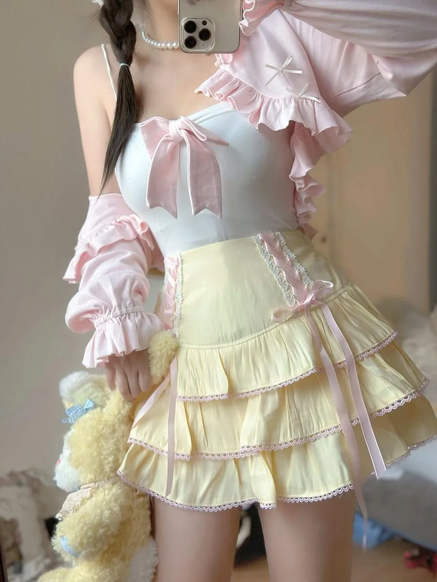 Lolita Tiered Mini Skirt Women Skorts Kawaii Layered Ruffle High Waist Lace Up A Line Cute Skirts for Teen Girls