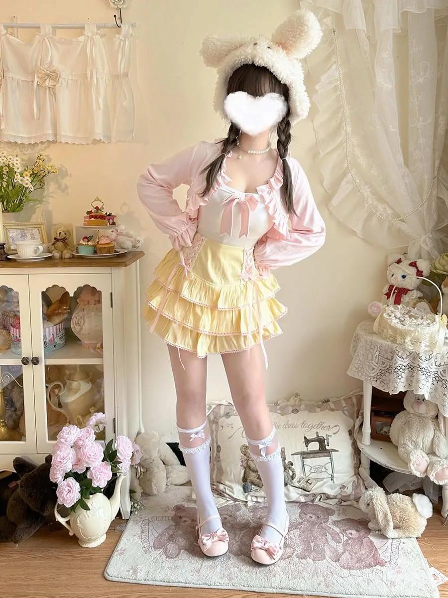 Lolita Tiered Mini Skirt Women Skorts Kawaii Layered Ruffle High Waist Lace Up A Line Cute Skirts for Teen Girls