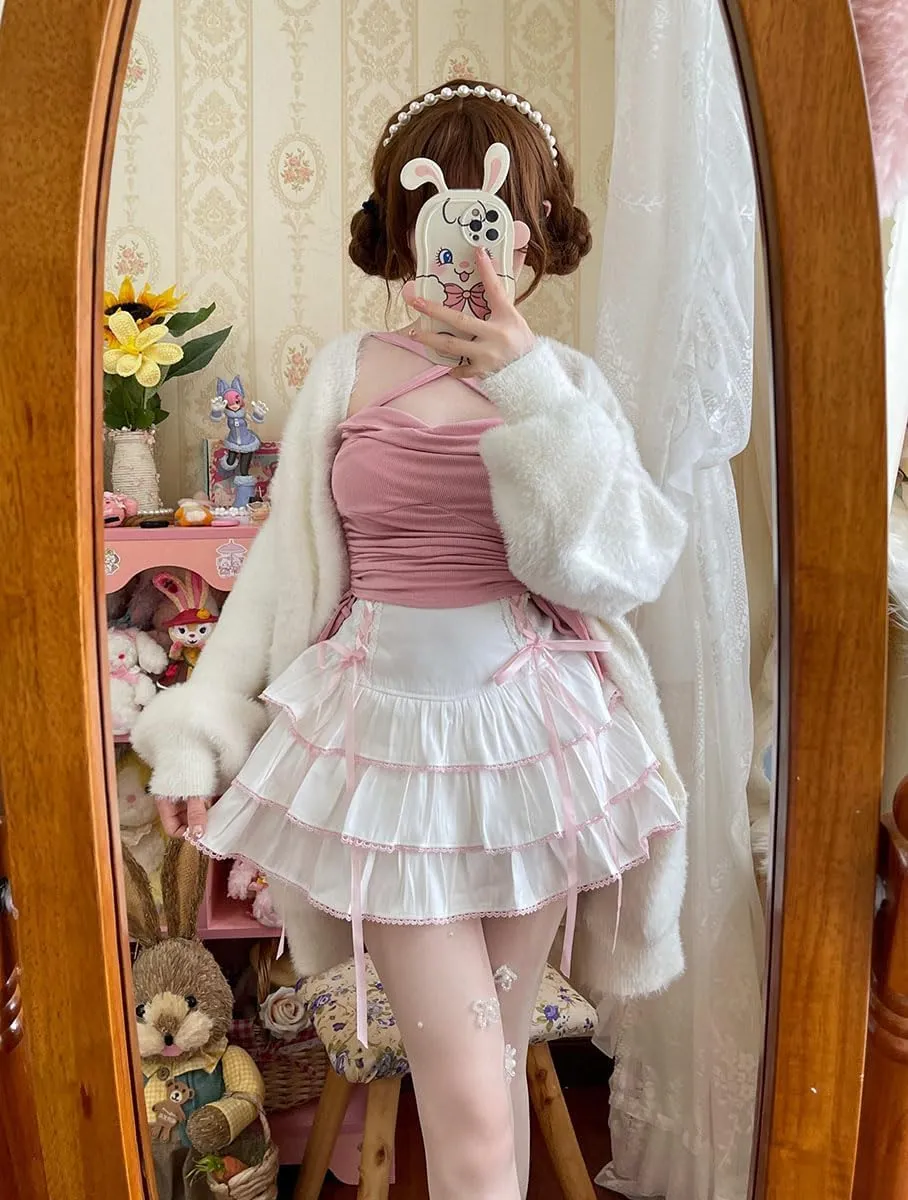 Lolita Tiered Mini Skirt Women Skorts Kawaii Layered Ruffle High Waist Lace Up A Line Cute Skirts for Teen Girls