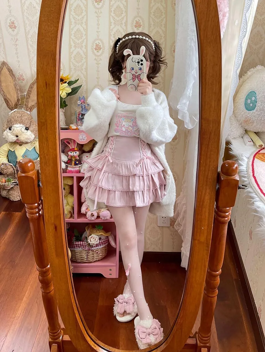 Lolita Tiered Mini Skirt Women Skorts Kawaii Layered Ruffle High Waist Lace Up A Line Cute Skirts for Teen Girls