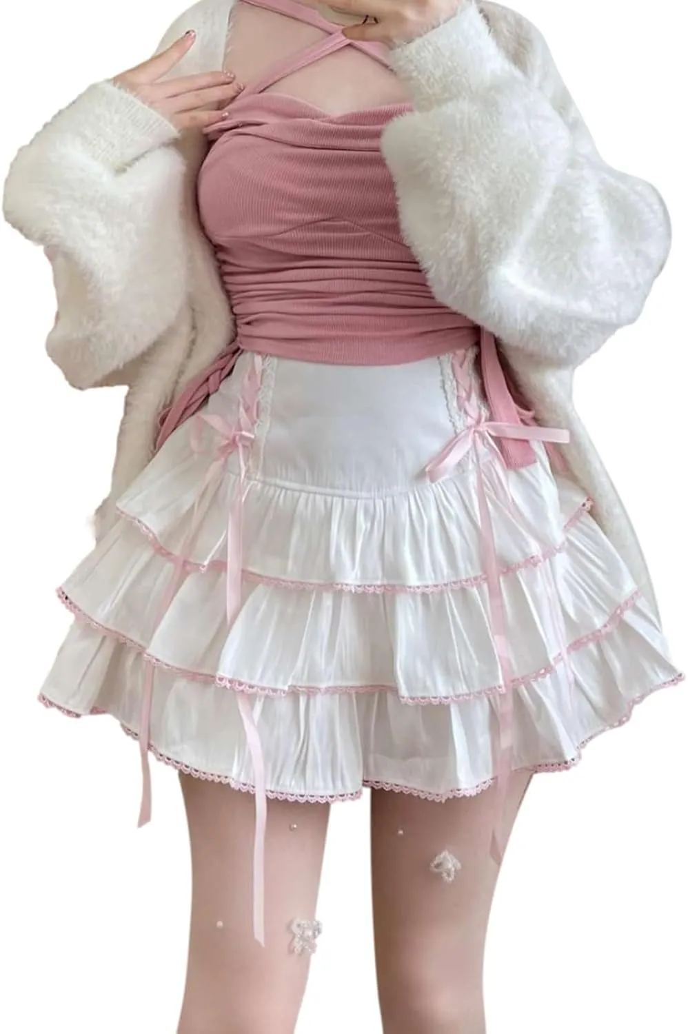 Lolita Tiered Mini Skirt Women Skorts Kawaii Layered Ruffle High Waist Lace Up A Line Cute Skirts for Teen Girls