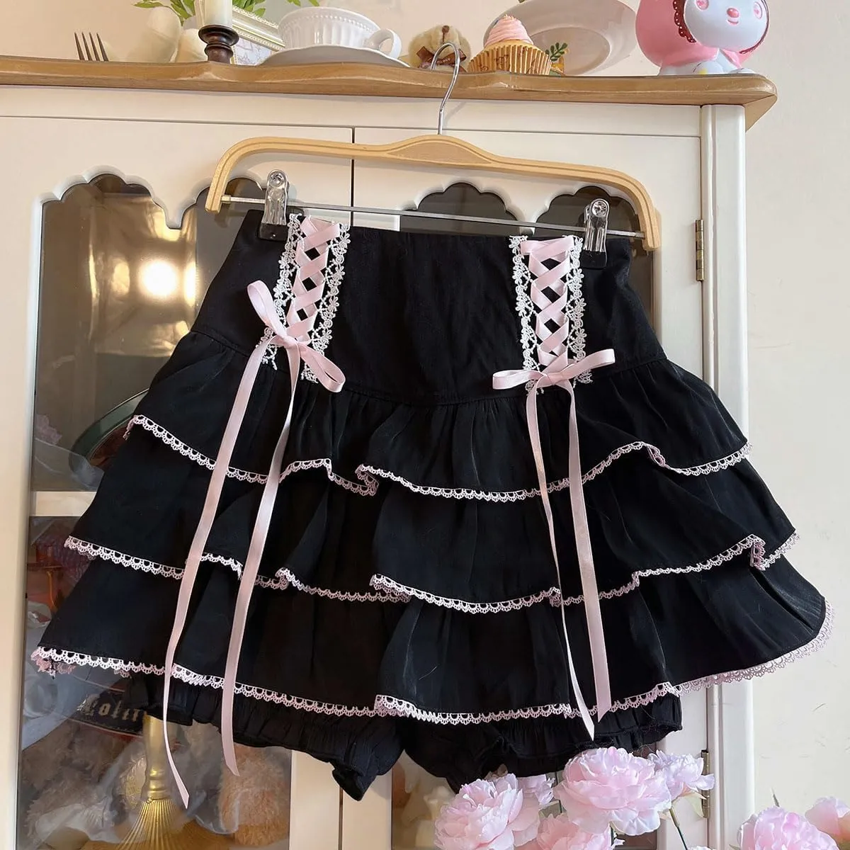 Lolita Tiered Mini Skirt Women Skorts Kawaii Layered Ruffle High Waist Lace Up A Line Cute Skirts for Teen Girls