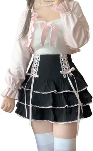 Lolita Tiered Mini Skirt Women Skorts Kawaii Layered Ruffle High Waist Lace Up A Line Cute Skirts for Teen Girls