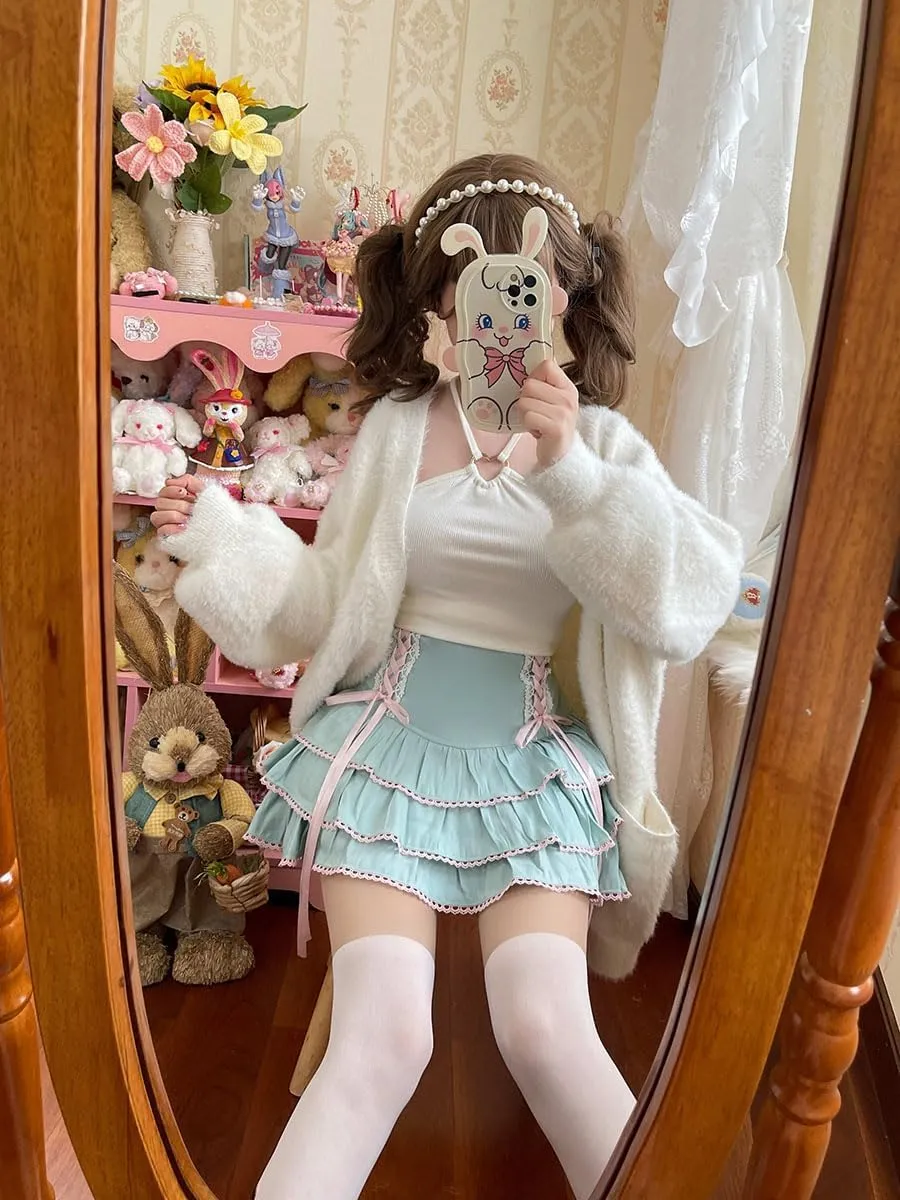 Lolita Tiered Mini Skirt Women Skorts Kawaii Layered Ruffle High Waist Lace Up A Line Cute Skirts for Teen Girls