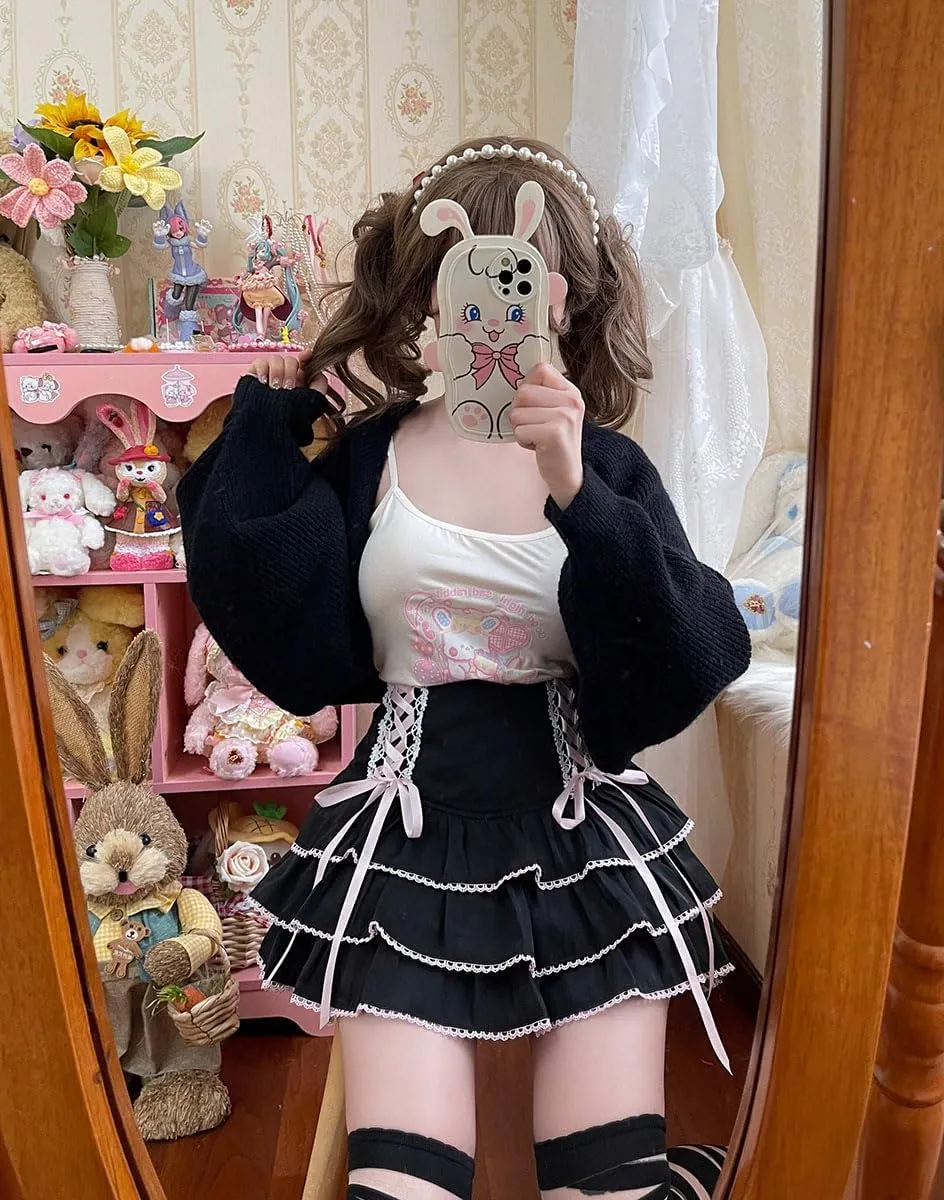 Lolita Tiered Mini Skirt Women Skorts Kawaii Layered Ruffle High Waist Lace Up A Line Cute Skirts for Teen Girls