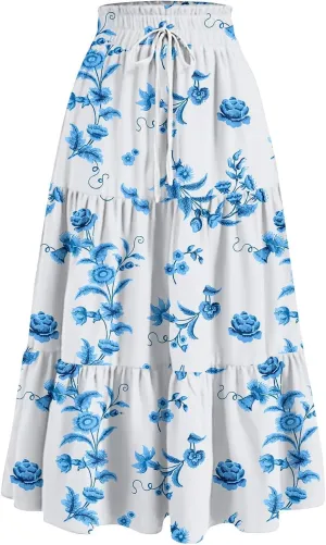 Long Skirts for Women Elastic High Waisted Tiered Ruffle Long Floral Skirts Summer Trendy Boho Flowy Skirt with Pockets
