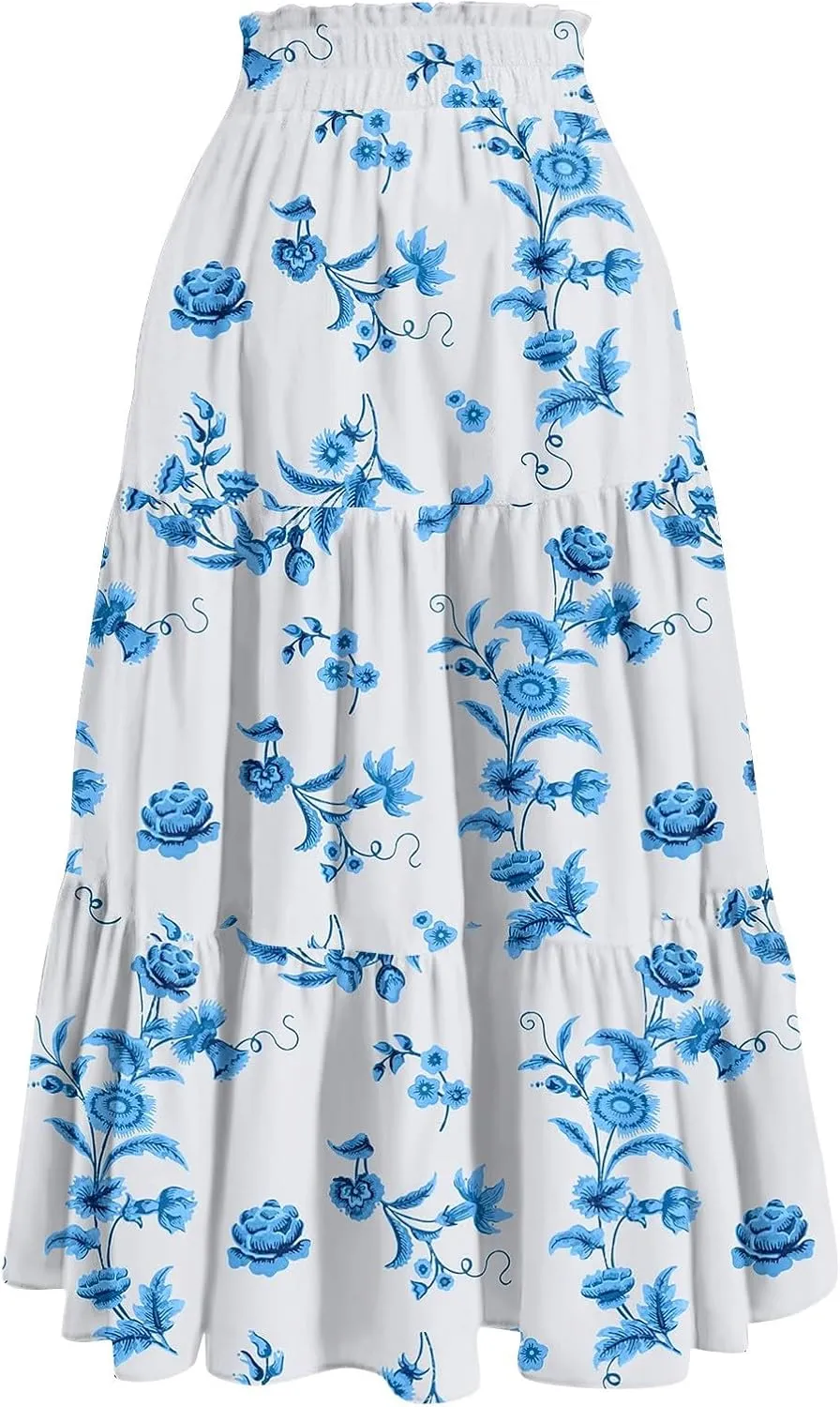 Long Skirts for Women Elastic High Waisted Tiered Ruffle Long Floral Skirts Summer Trendy Boho Flowy Skirt with Pockets