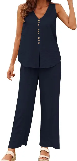 Lounge Sets for Women Two Piece Set Sleeveless V Neck Button Down Tank Tops Wide Leg Pant Set Summer Outfits 2025