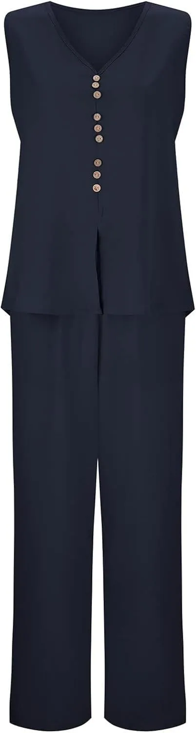 Lounge Sets for Women Two Piece Set Sleeveless V Neck Button Down Tank Tops Wide Leg Pant Set Summer Outfits 2025