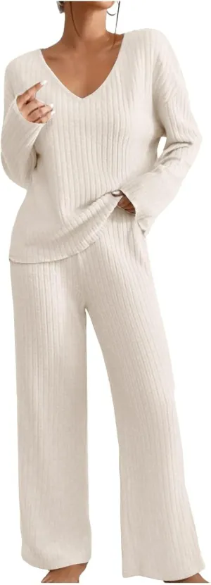 Lounge Sets Women 2 Piece Kint Outfits Comfy V Neck Tops and Pants Sets Casual Loungewear Baggy Airport Outfit