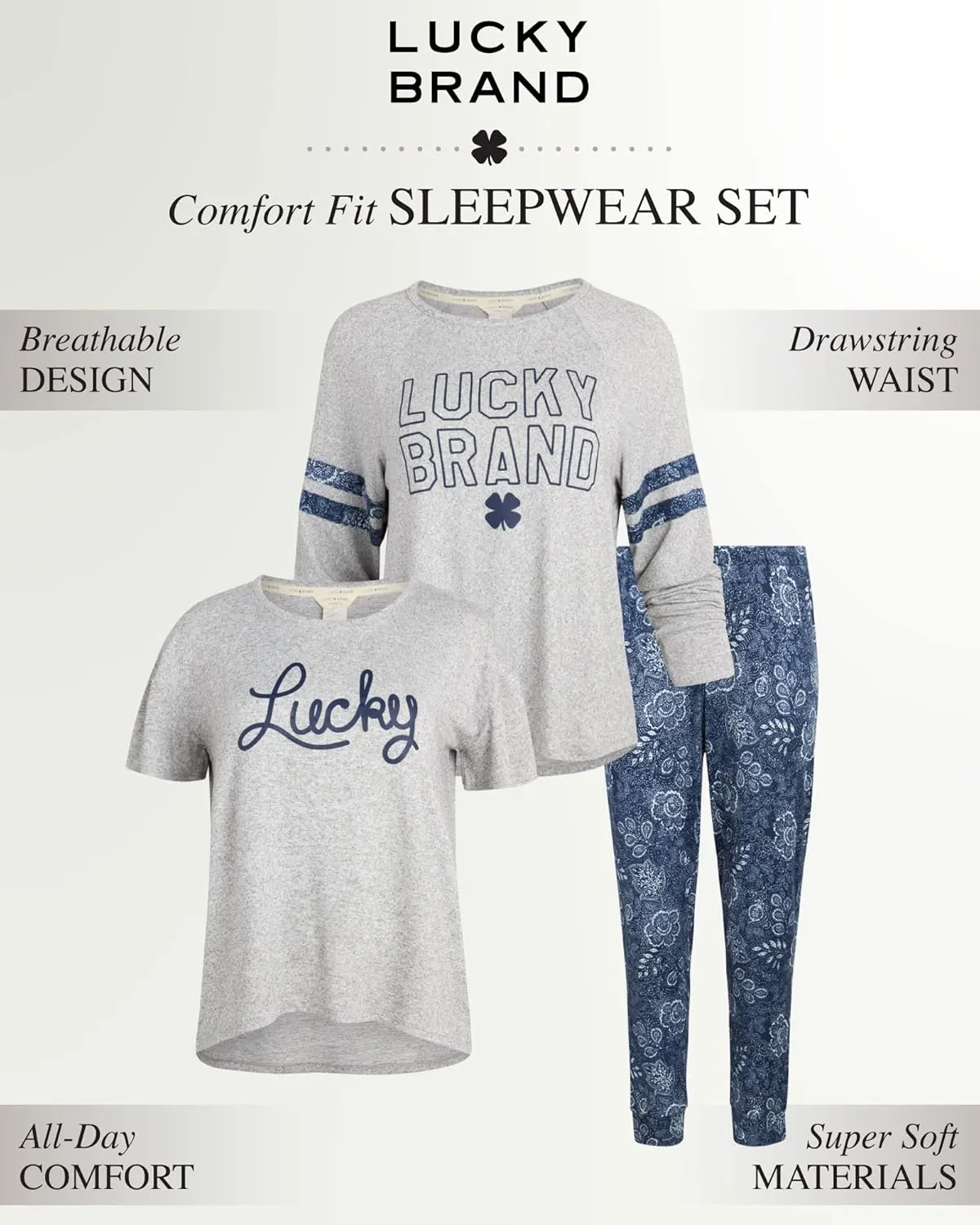 Lucky Brand Women's Pajamas - 3 Piece Hacci Sleepwear Short and Long Sleeve T-Shirt with Joggers (Size: S-XL)