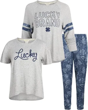 Lucky Brand Women's Pajamas - 3 Piece Hacci Sleepwear Short and Long Sleeve T-Shirt with Joggers (Size: S-XL)