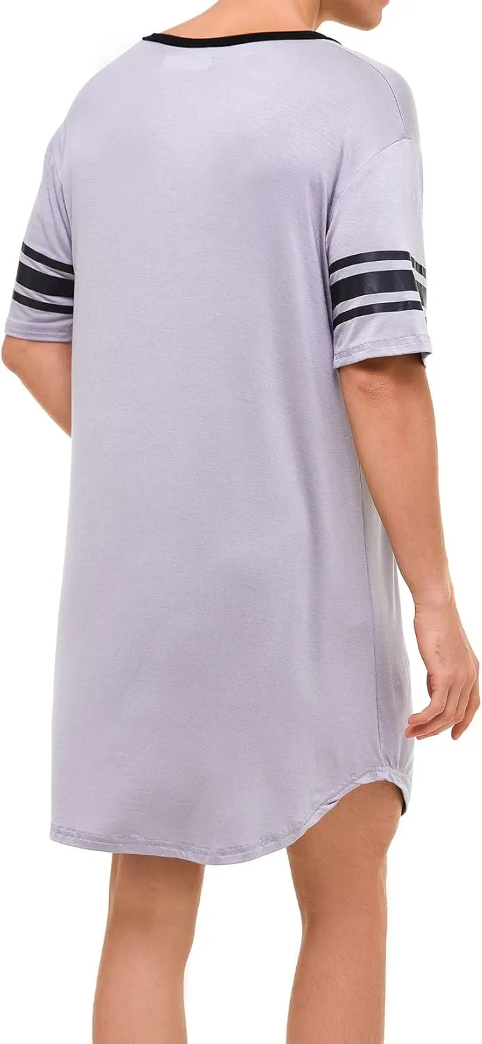 Lu's Chic Men's Nightshirt Short Sleeve Nightgown Henley Sleep Gowns Nightwear for Sleeping