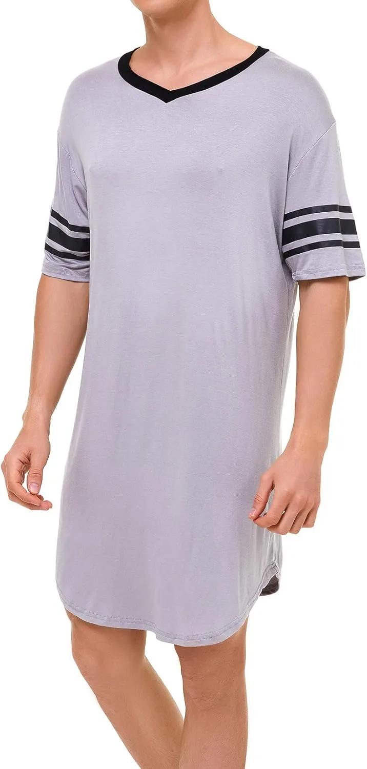 Lu's Chic Men's Nightshirt Short Sleeve Nightgown Henley Sleep Gowns Nightwear for Sleeping