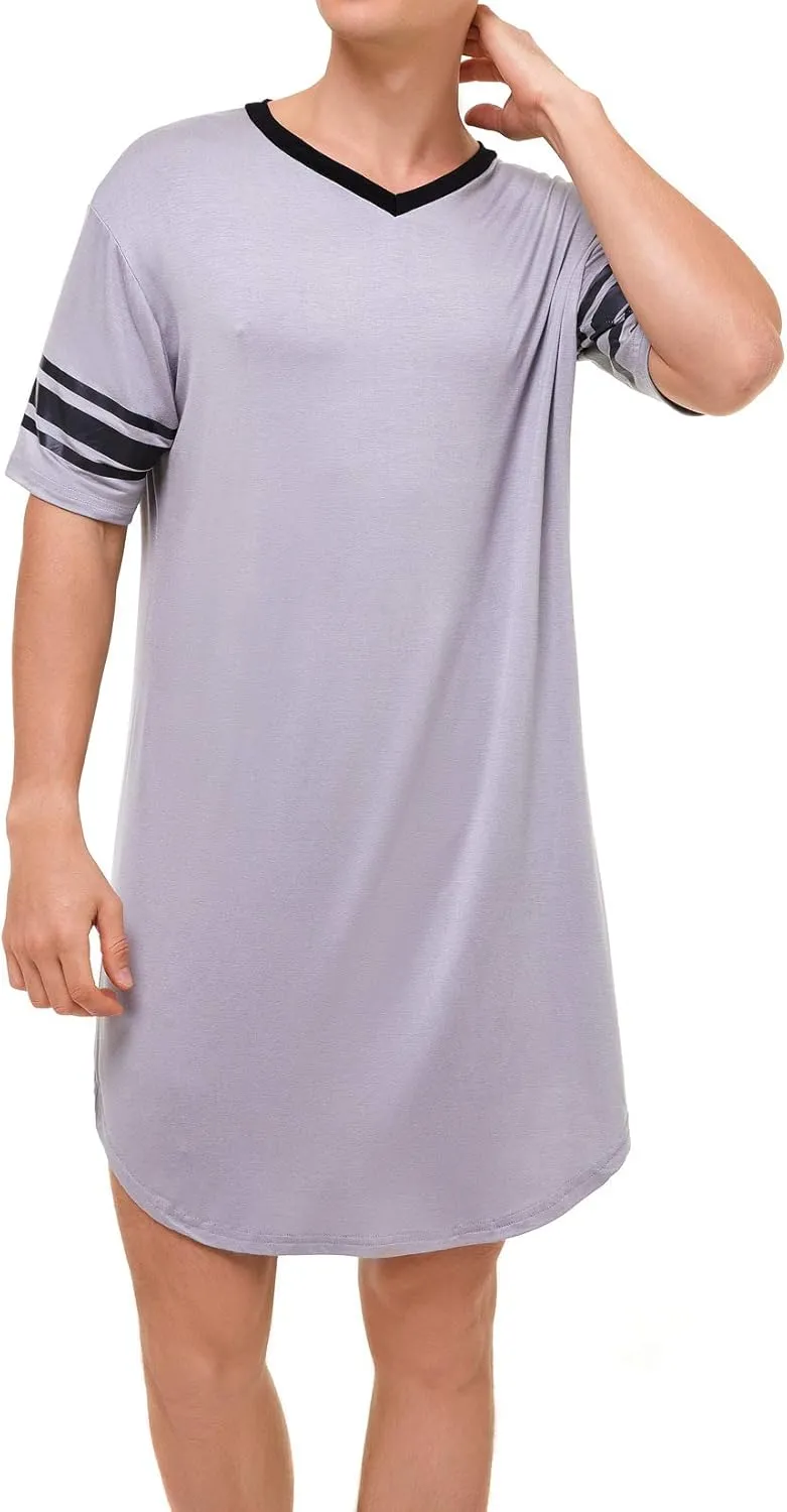 Lu's Chic Men's Nightshirt Short Sleeve Nightgown Henley Sleep Gowns Nightwear for Sleeping