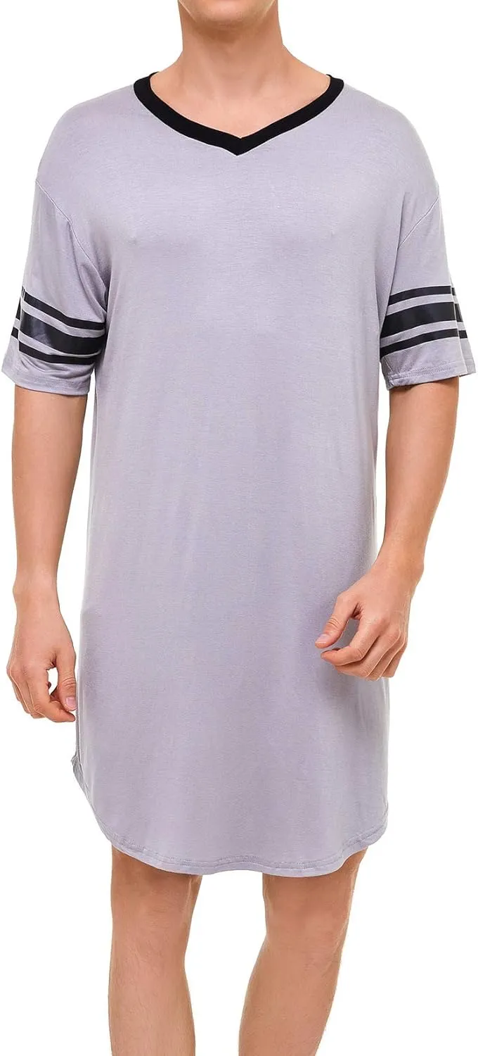 Lu's Chic Men's Nightshirt Short Sleeve Nightgown Henley Sleep Gowns Nightwear for Sleeping