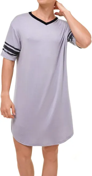 Lu's Chic Men's Nightshirt Short Sleeve Nightgown Henley Sleep Gowns Nightwear for Sleeping