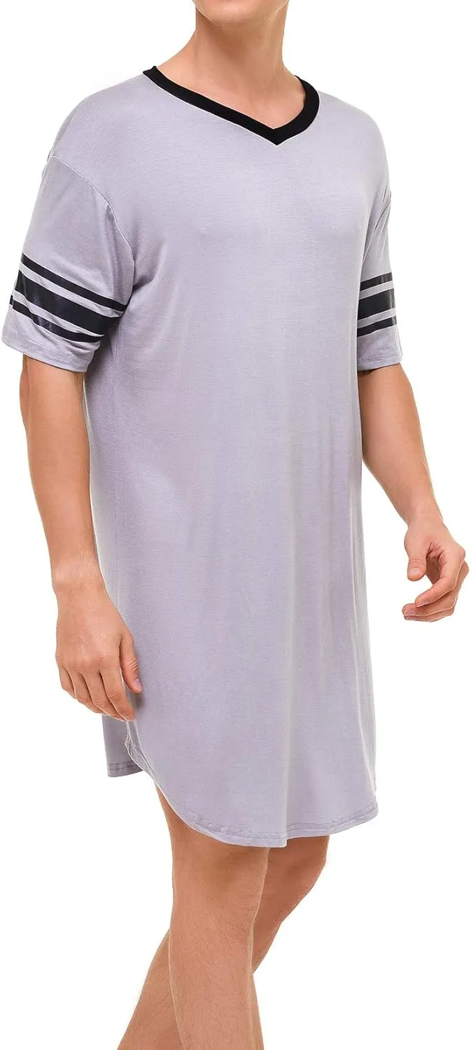 Lu's Chic Men's Nightshirt Short Sleeve Nightgown Henley Sleep Gowns Nightwear for Sleeping