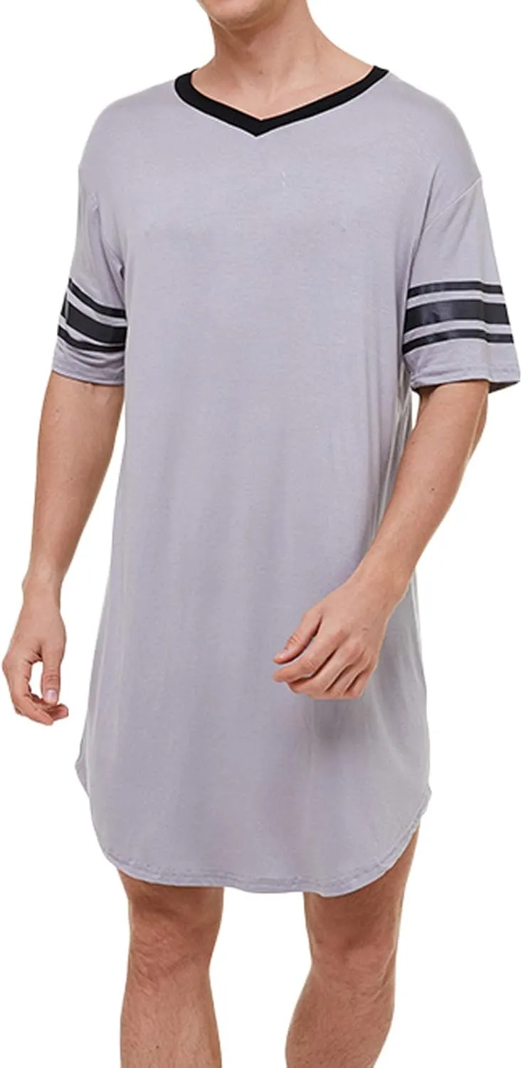 Lu's Chic Men's Nightshirt Short Sleeve Nightgown Henley Sleep Gowns Nightwear for Sleeping