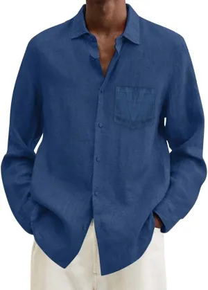 Male Summer Linen Solid Casual Plus Size Loose Shirt Mens Turn Down Long Sleeve Shirt Men's 5X T Shirts