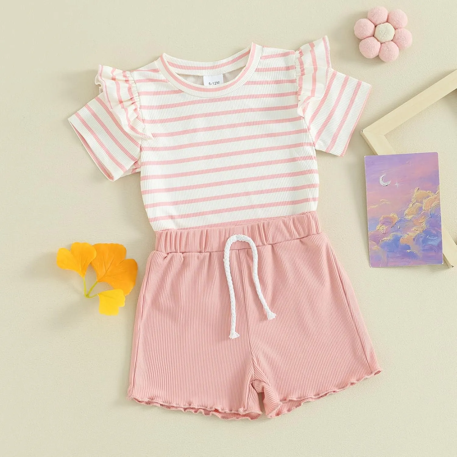 Mandizy Toddler Baby Girl Clothes Summer Ribbed Knit Ruffle Short Sleeve Striped Print T-Shirt Tops Shorts Set Outfit