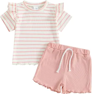 Mandizy Toddler Baby Girl Clothes Summer Ribbed Knit Ruffle Short Sleeve Striped Print T-Shirt Tops Shorts Set Outfit