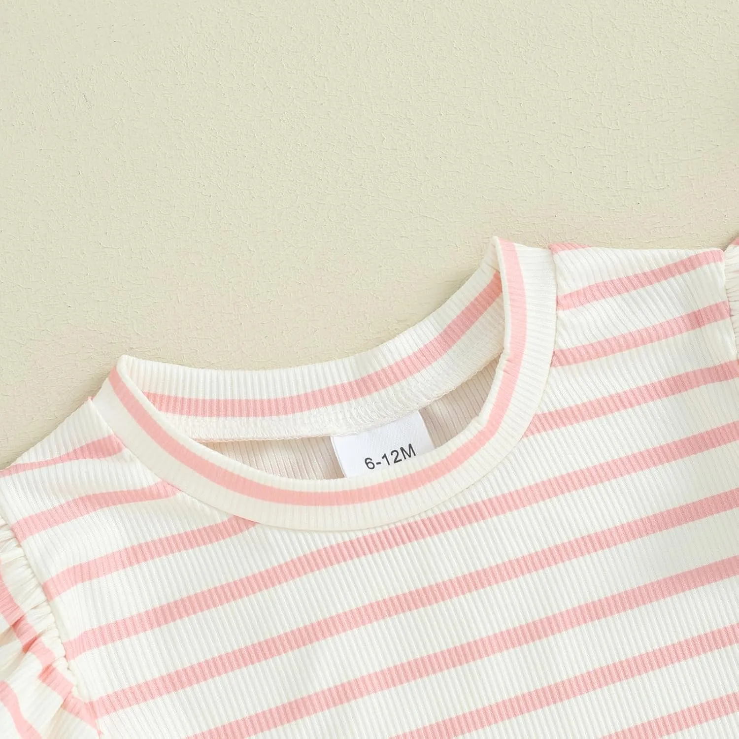 Mandizy Toddler Baby Girl Clothes Summer Ribbed Knit Ruffle Short Sleeve Striped Print T-Shirt Tops Shorts Set Outfit