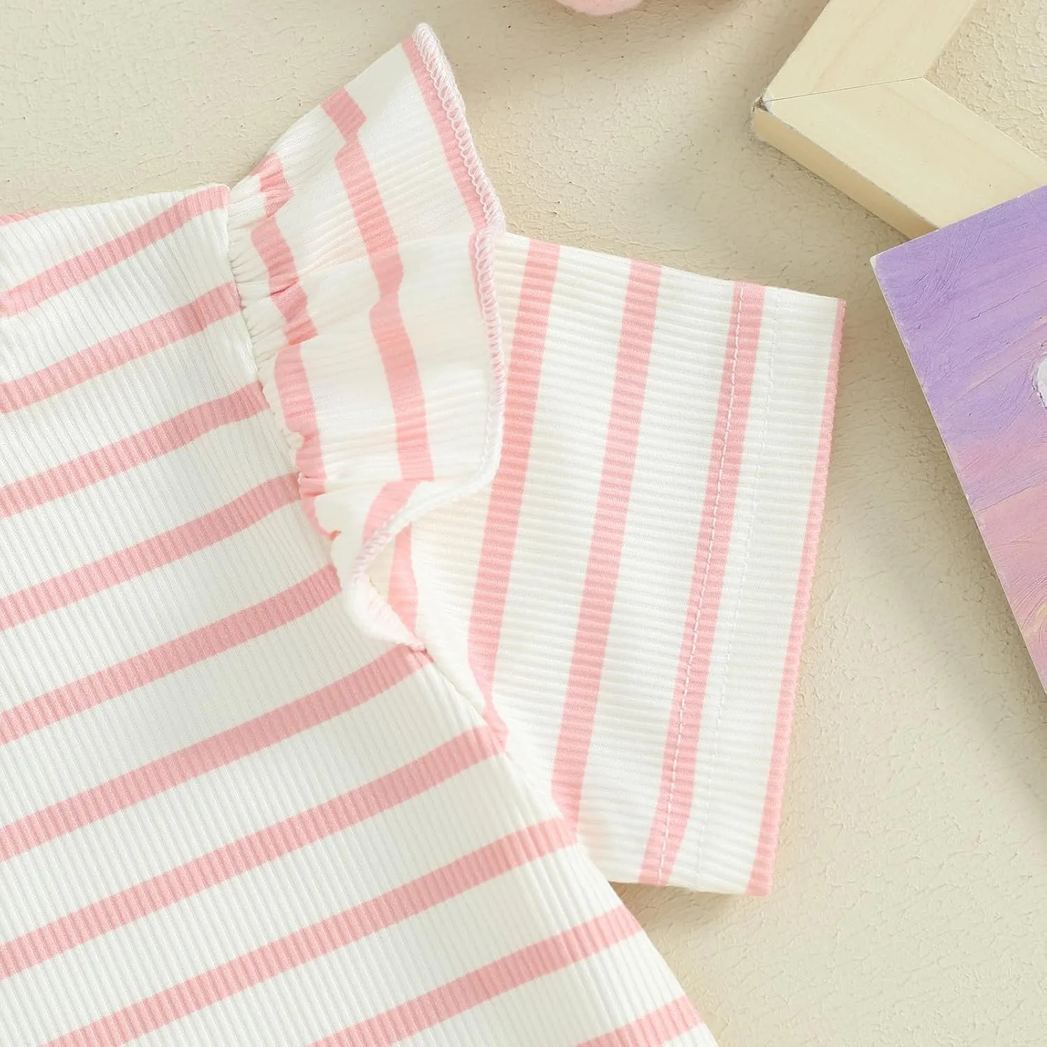 Mandizy Toddler Baby Girl Clothes Summer Ribbed Knit Ruffle Short Sleeve Striped Print T-Shirt Tops Shorts Set Outfit
