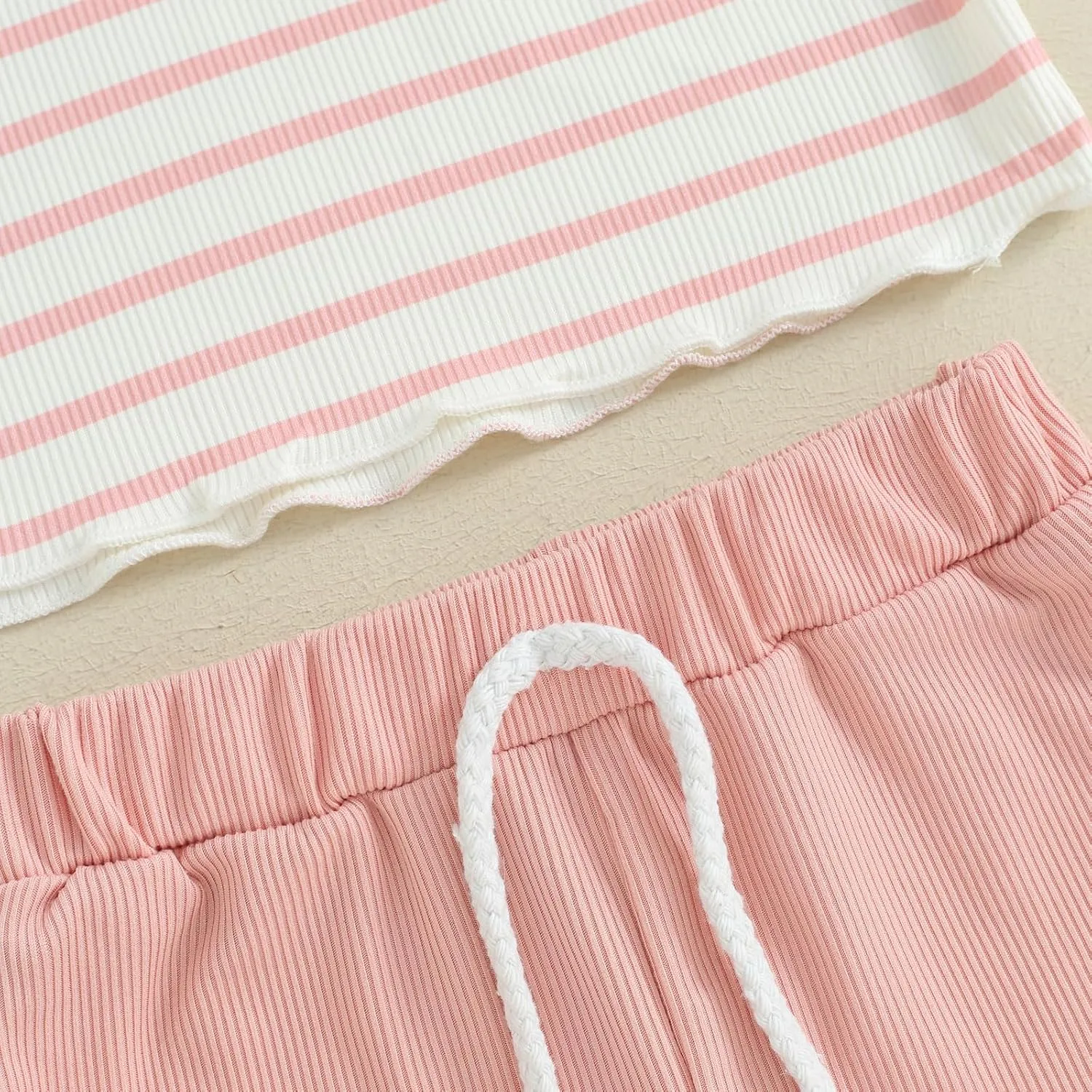 Mandizy Toddler Baby Girl Clothes Summer Ribbed Knit Ruffle Short Sleeve Striped Print T-Shirt Tops Shorts Set Outfit