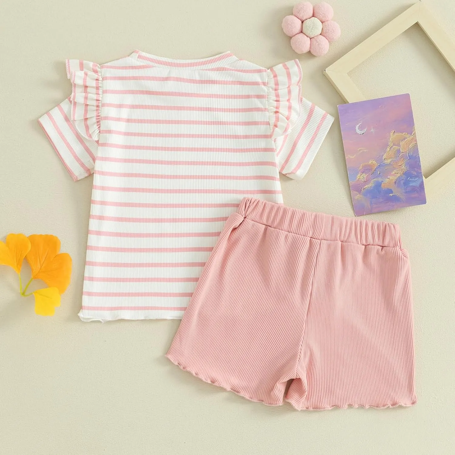 Mandizy Toddler Baby Girl Clothes Summer Ribbed Knit Ruffle Short Sleeve Striped Print T-Shirt Tops Shorts Set Outfit