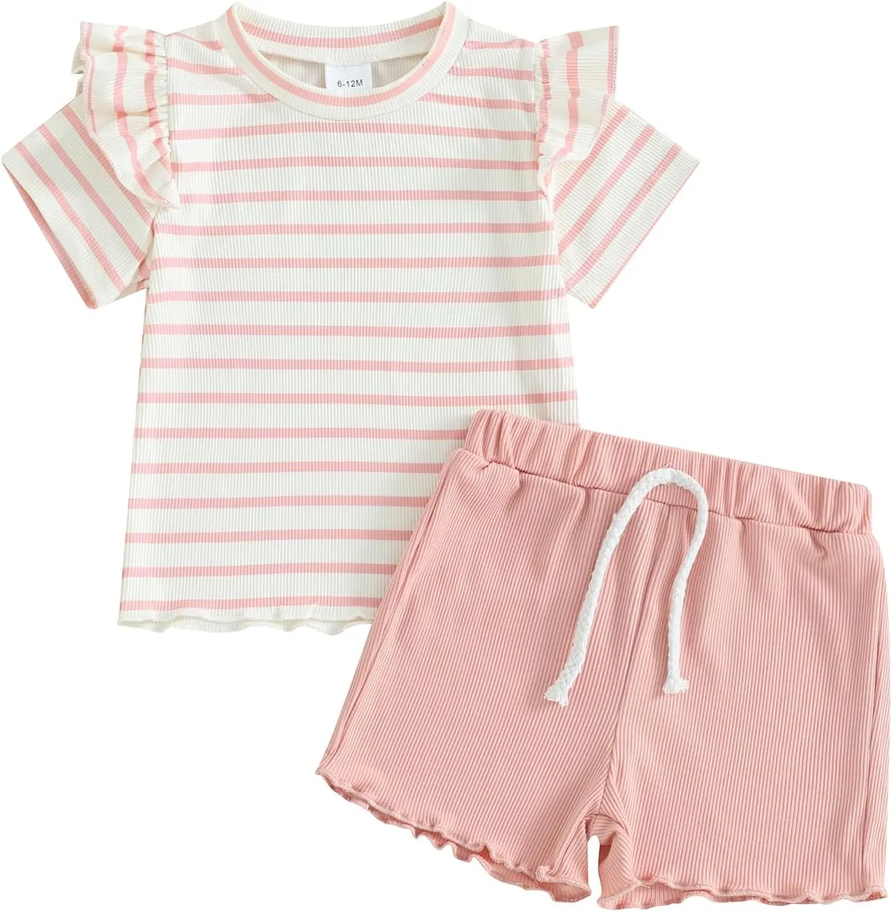Mandizy Toddler Baby Girl Clothes Summer Ribbed Knit Ruffle Short Sleeve Striped Print T-Shirt Tops Shorts Set Outfit