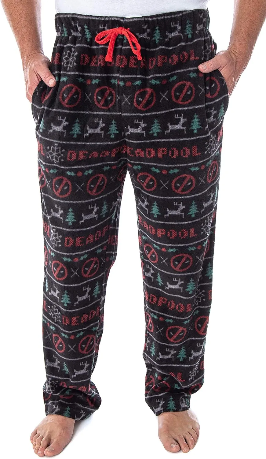 Marvel Men's Deadpool Christmas Ugly Sweater Pattern Fuzzy Fleece Lounge Sleep Pajama Pants