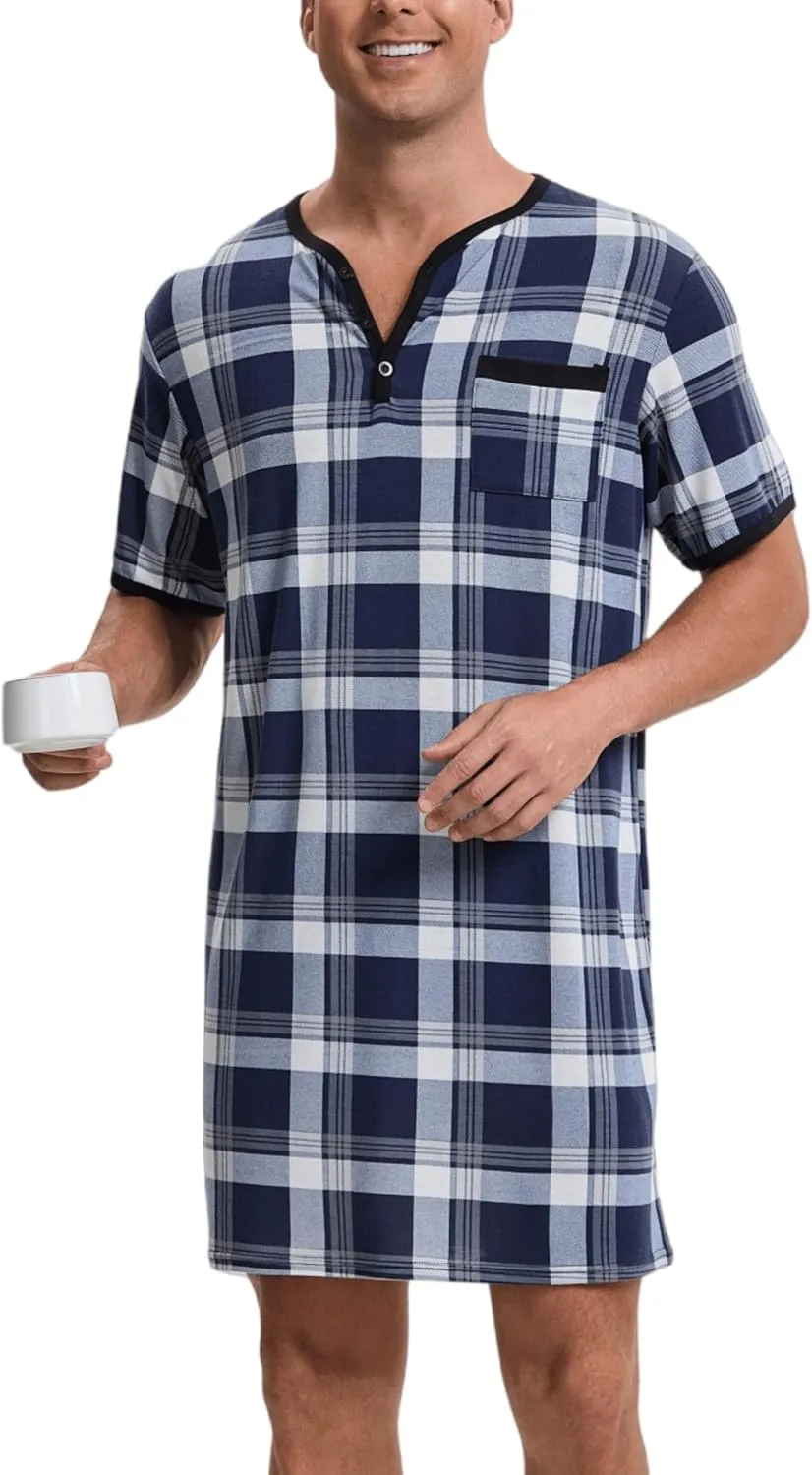 Men Summer Short Sleeve Henley Nightshirt Knee Length Sleepwear with Chest Pocket