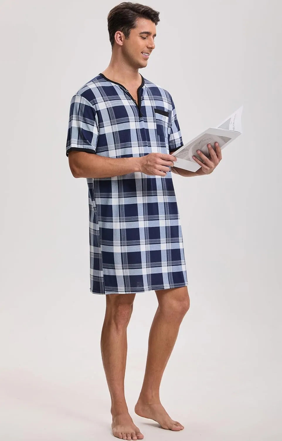 Men Summer Short Sleeve Henley Nightshirt Knee Length Sleepwear with Chest Pocket