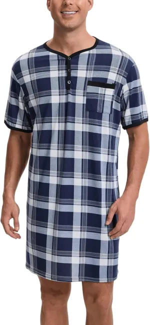 Men Summer Short Sleeve Henley Nightshirt Knee Length Sleepwear with Chest Pocket