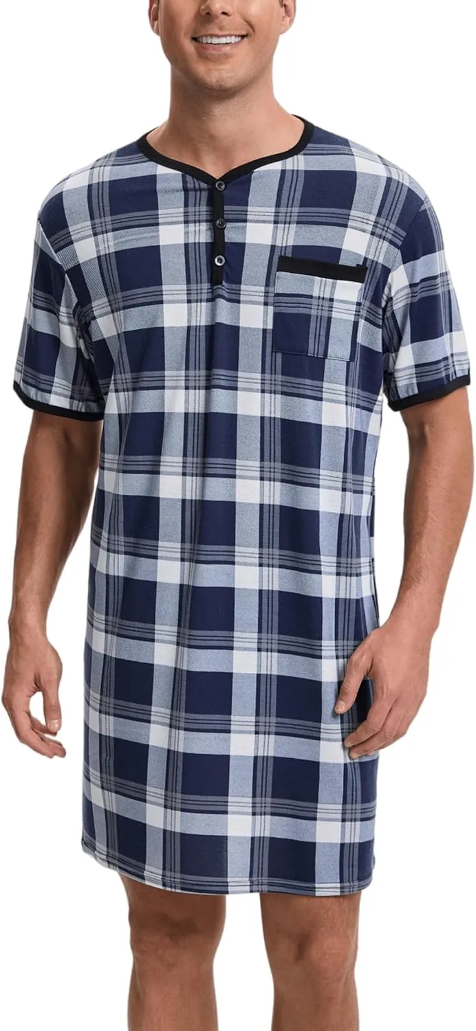 Men Summer Short Sleeve Henley Nightshirt Knee Length Sleepwear with Chest Pocket