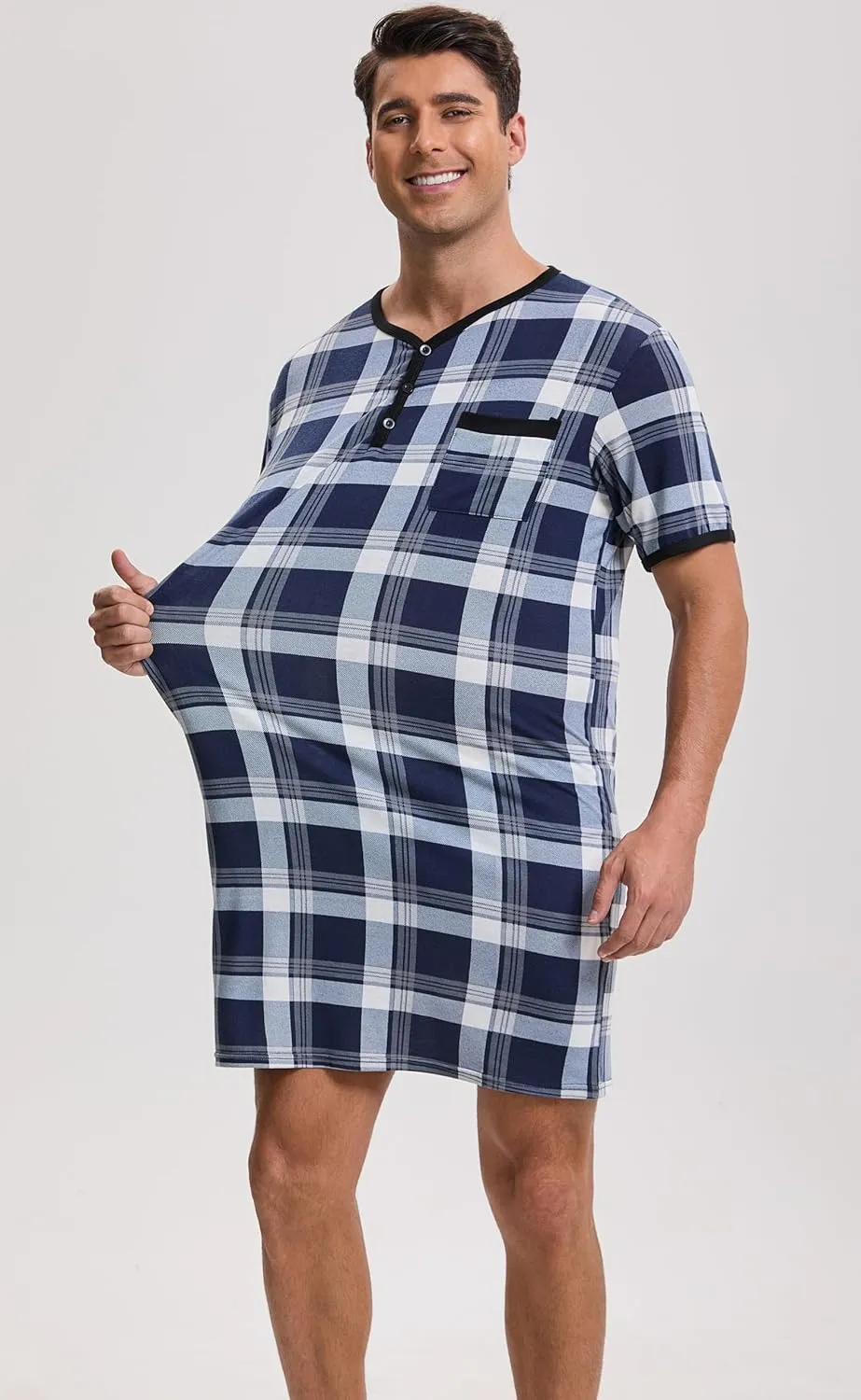 Men Summer Short Sleeve Henley Nightshirt Knee Length Sleepwear with Chest Pocket