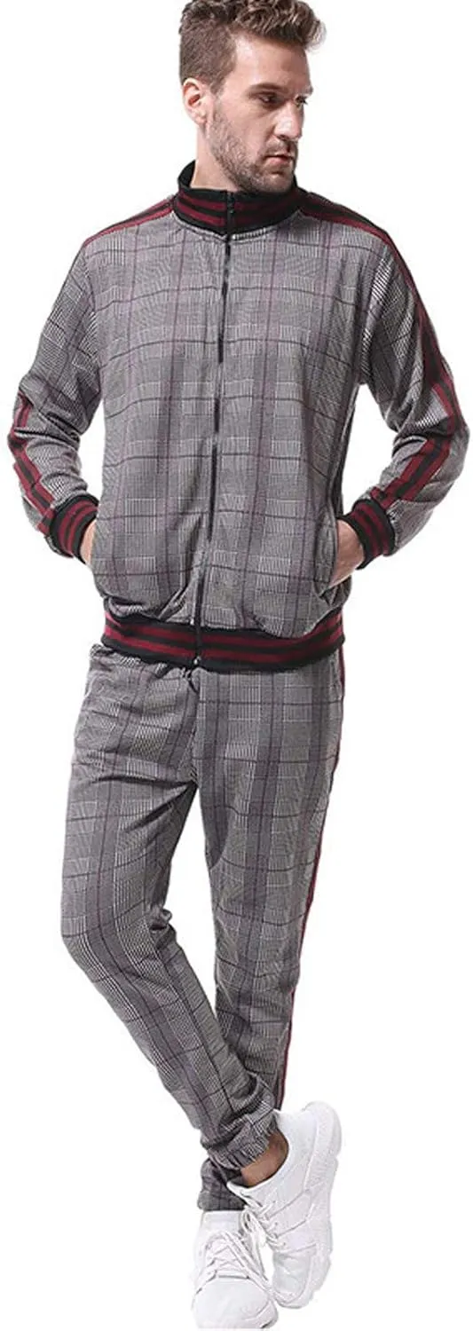 Men's 2 Piece Outfits Casual Long Sleeve Full Zip Plaid Print Shirt Drawstring Stretch Jogger Pant Set Tracksuit