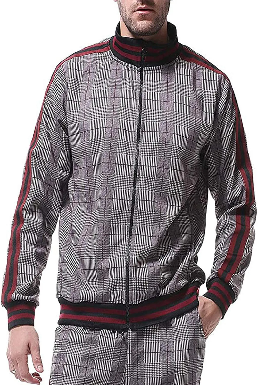 Men's 2 Piece Outfits Casual Long Sleeve Full Zip Plaid Print Shirt Drawstring Stretch Jogger Pant Set Tracksuit