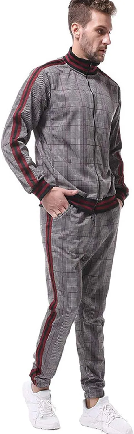 Men's 2 Piece Outfits Casual Long Sleeve Full Zip Plaid Print Shirt Drawstring Stretch Jogger Pant Set Tracksuit