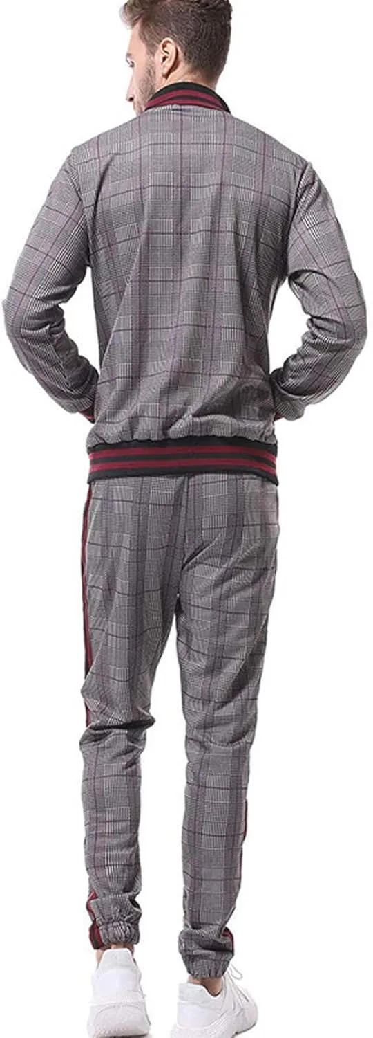 Men's 2 Piece Outfits Casual Long Sleeve Full Zip Plaid Print Shirt Drawstring Stretch Jogger Pant Set Tracksuit