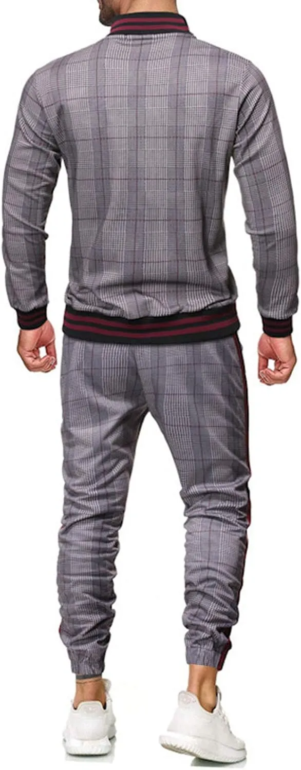 Men's 2 Piece Outfits Casual Long Sleeve Full Zip Plaid Print Shirt Drawstring Stretch Jogger Pant Set Tracksuit