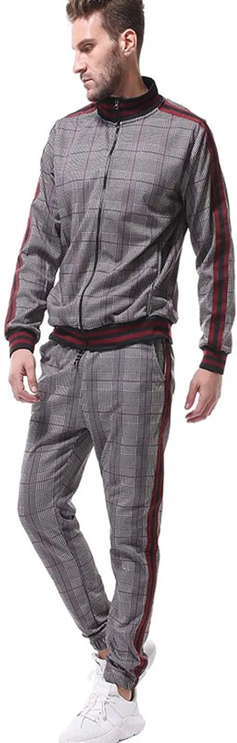 Men's 2 Piece Outfits Casual Long Sleeve Full Zip Plaid Print Shirt Drawstring Stretch Jogger Pant Set Tracksuit