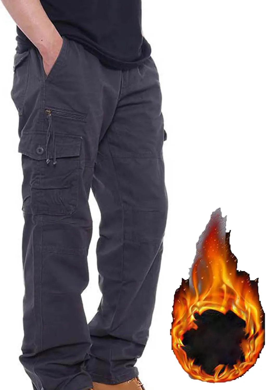 Men's Cargo Sweatpants Warm Fleece Lined Baggy Hiking Jogger Winter Straight Leg Gym Lounge Pants with Zip Pockets